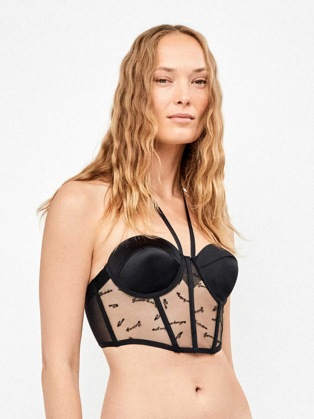 Sujetador bustier de tul bordado y satén