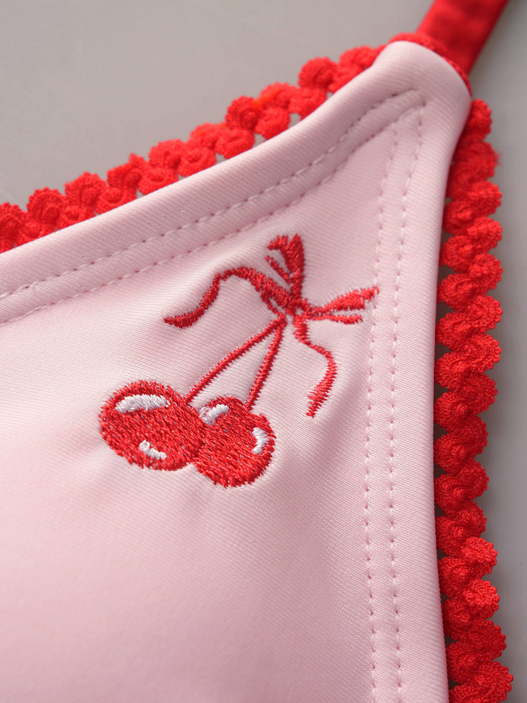 Pink Contrast Color Embroidered Cherry Bikini Set