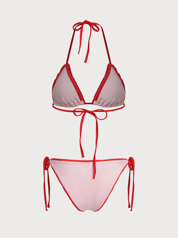 Pink Contrast Color Embroidered Cherry Bikini Set