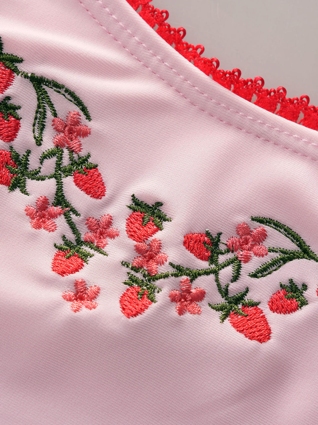 Pink Contrast Color Embroidered Cherry Bikini Set