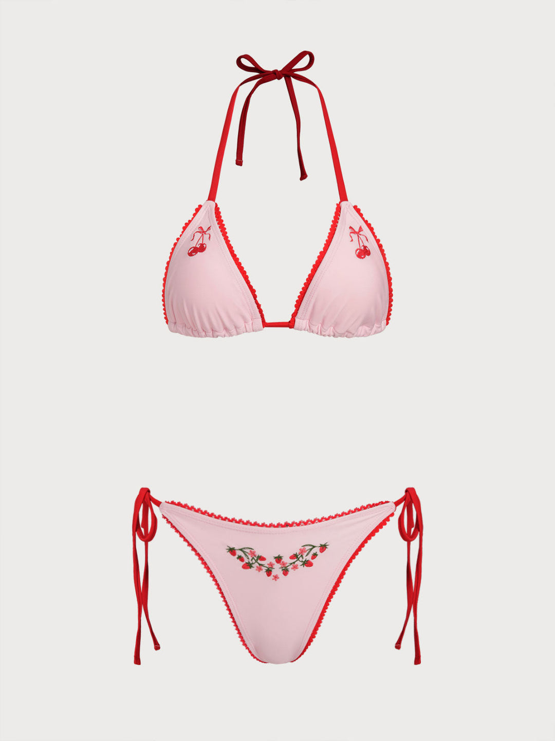 Pink Contrast Color Embroidered Cherry Bikini Set