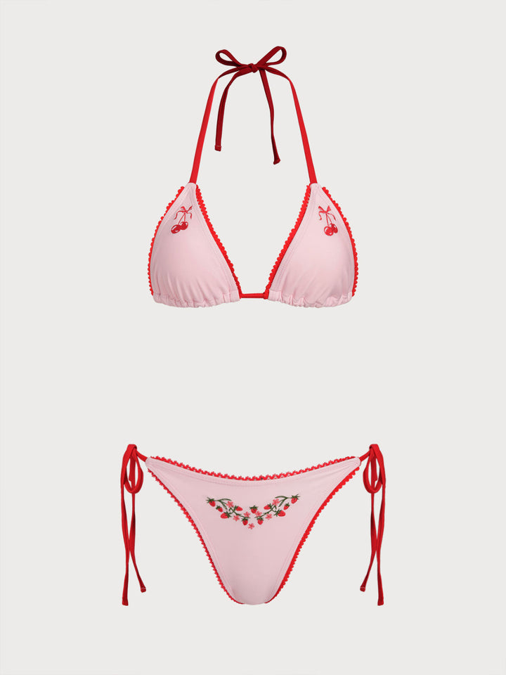 Pink Contrast Color Embroidered Cherry Bikini Set
