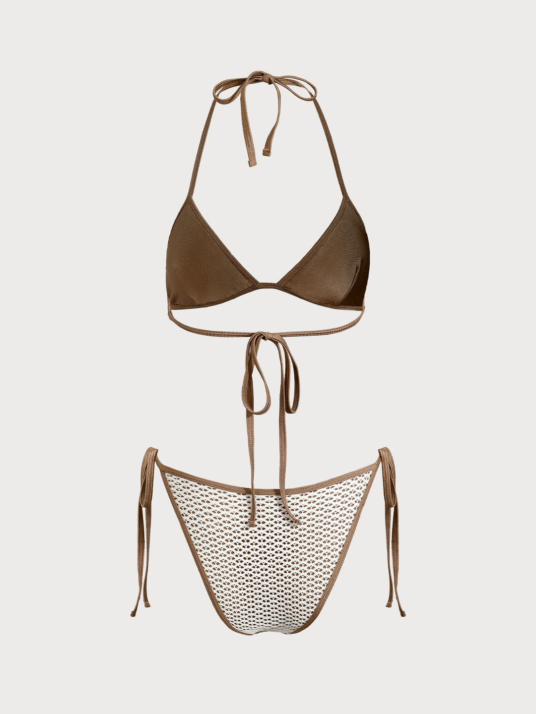 Brown Contrast Color Mesh Bikini Set
