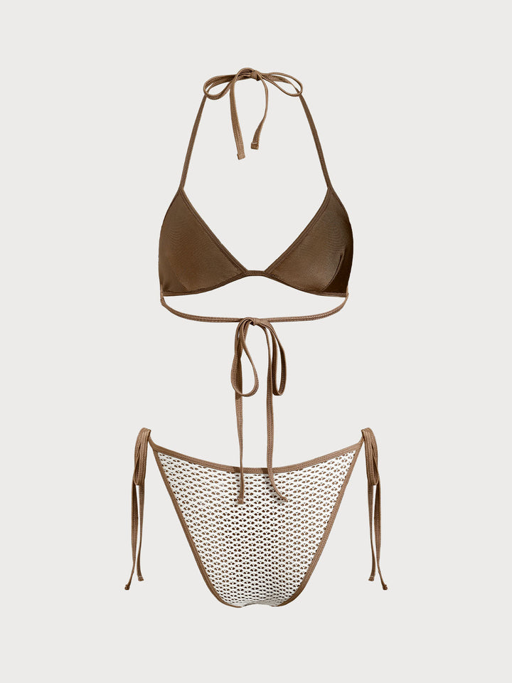 Brown Contrast Color Mesh Bikini Set
