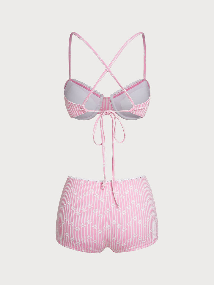 Pink Contrast Floral Shorts Bikini Set
