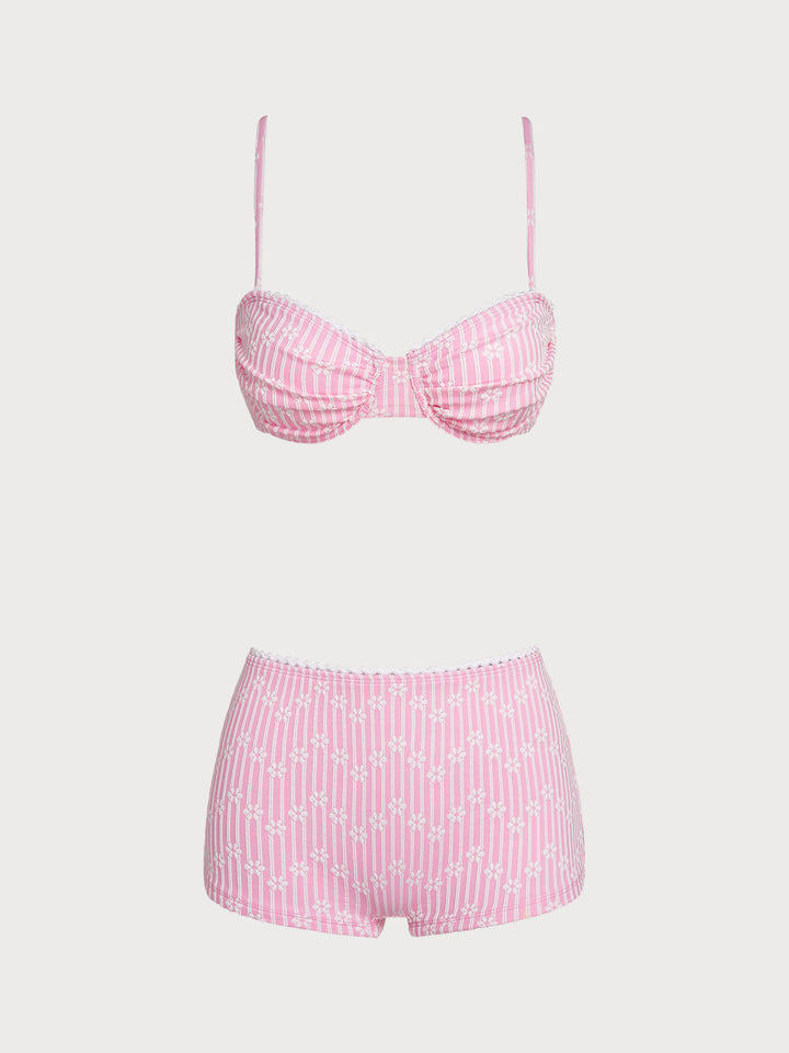 Pink Contrast Floral Shorts Bikini Set