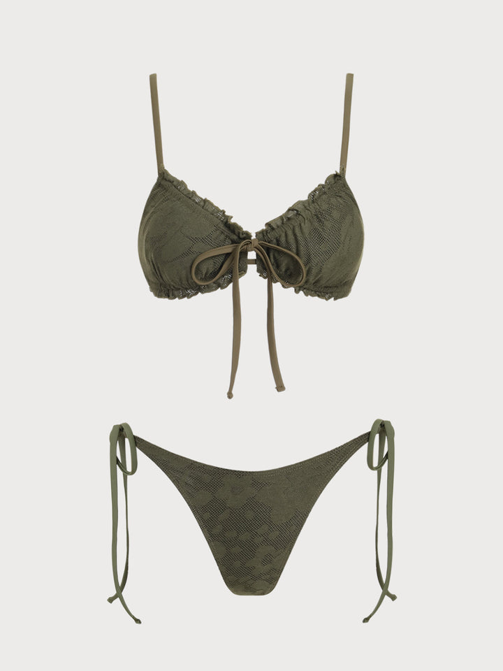 Army Green Ruffle Front Tie Bikini Set