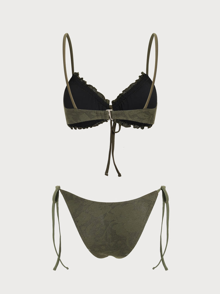Army Green Ruffle Front Tie Bikini Set
