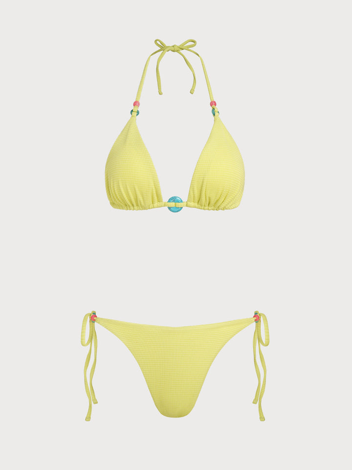 Yellow Fun Contrast Beaded Bikini Set