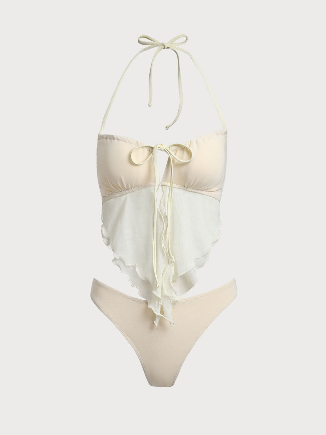 Off White Mesh Ruched Tankini Set
