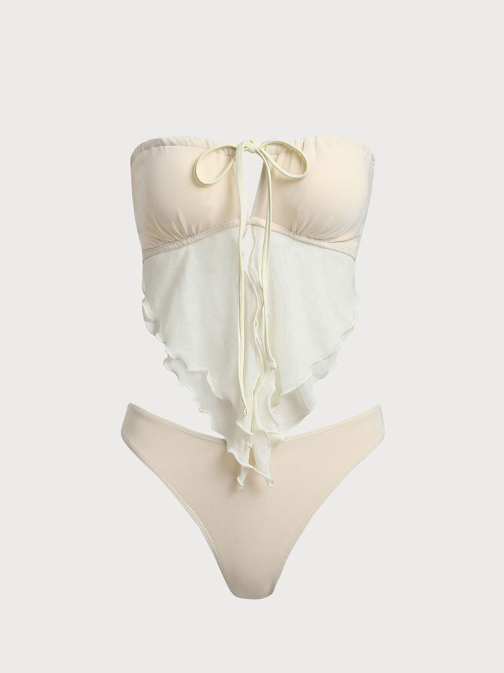 Off White Mesh Ruched Tankini Set