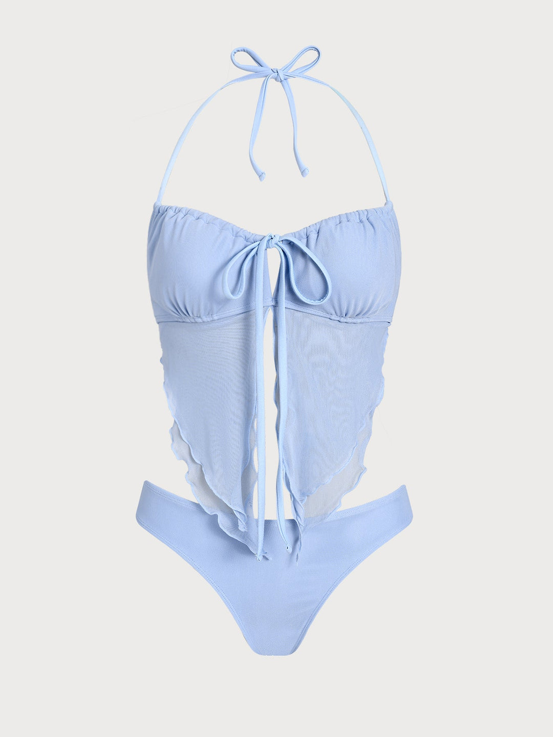 Off White Mesh Ruched Tankini Set