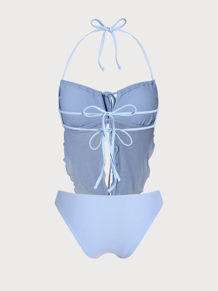 Off White Mesh Ruched Tankini Set