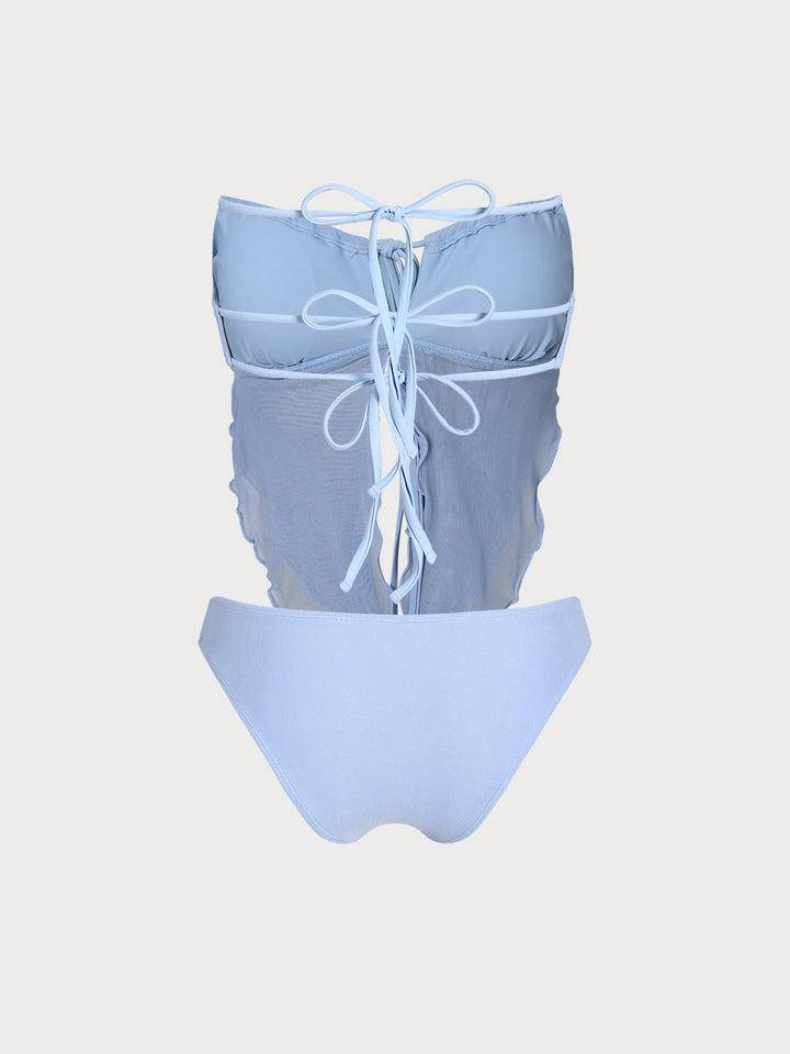 Off White Mesh Ruched Tankini Set
