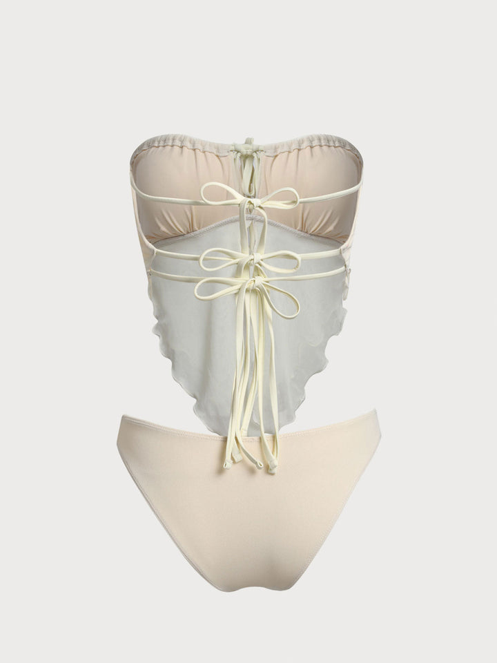Off White Mesh Ruched Tankini Set