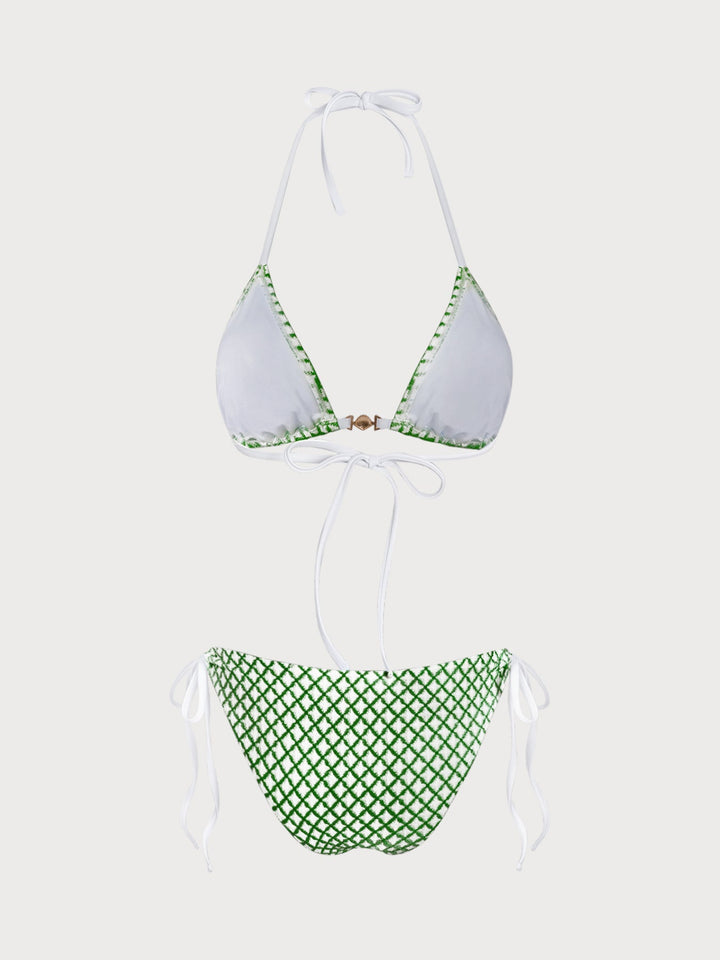 Green Contrast Plaid Shell Trim Bikini Set