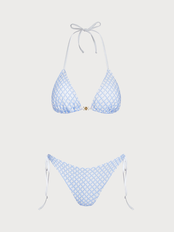Blue Contrast Plaid Shell Trim Bikini Set