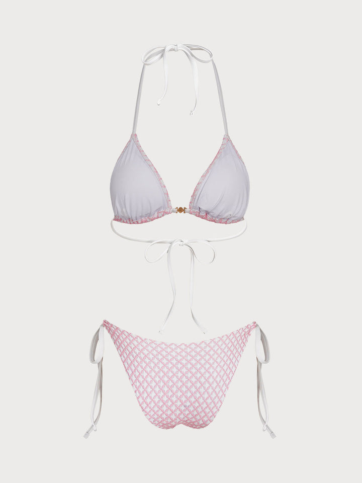 Pink Contrast Plaid Shell Trim Bikini Set
