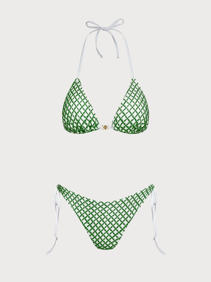 Pink Contrast Plaid Shell Trim Bikini Set