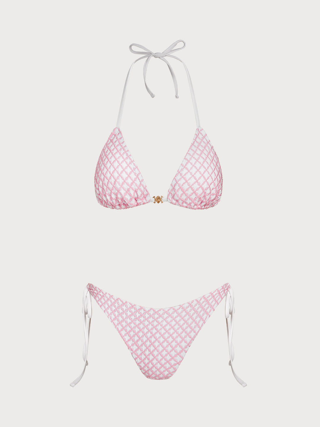 Pink Contrast Plaid Shell Trim Bikini Set
