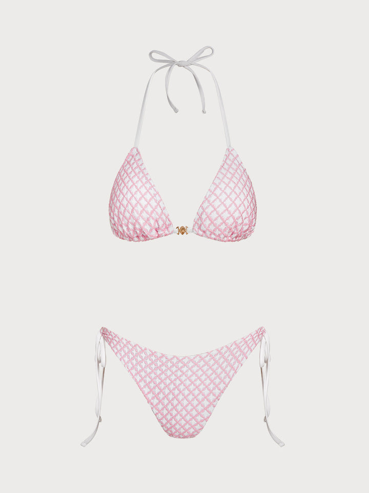 Pink Contrast Plaid Shell Trim Bikini Set