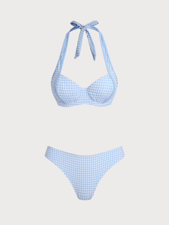 Light Blue Jacquard Plaid Vintage Bikini Set