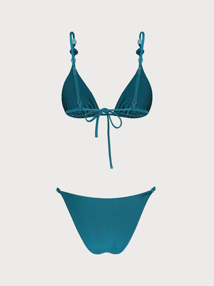 Turquoise Ruched Rhinestones Bikini Set