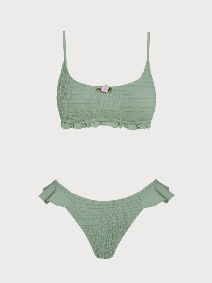 Green Shirred Ruffle Flower Bikini Set