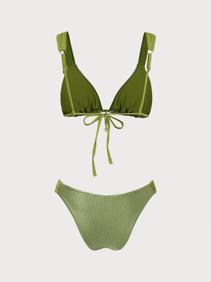 Green Rhinestones Textured Ruched Bikini Set