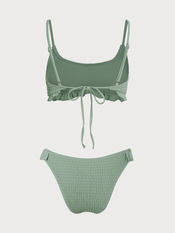 Green Shirred Ruffle Flower Bikini Set
