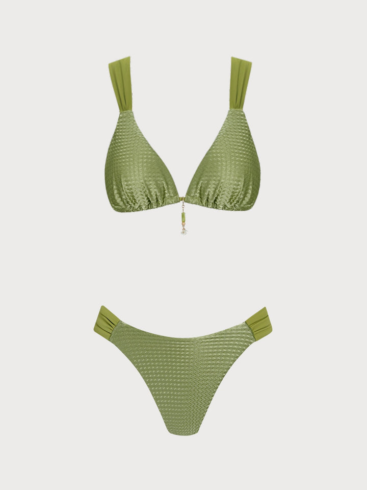 Green Rhinestones Textured Ruched Bikini Set