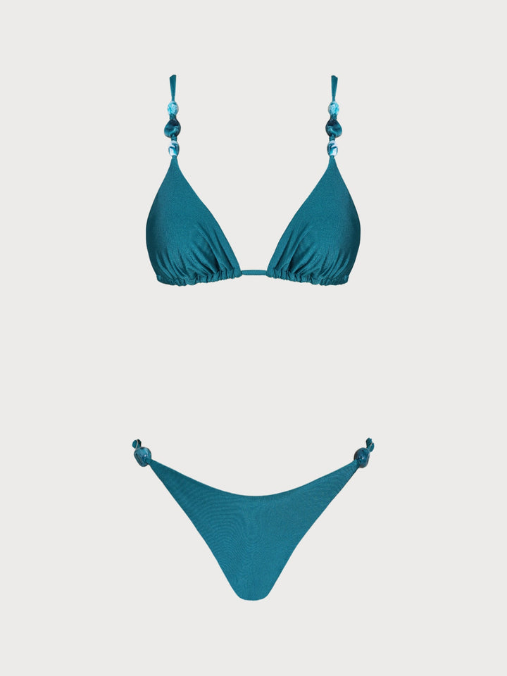 Turquoise Ruched Rhinestones Bikini Set