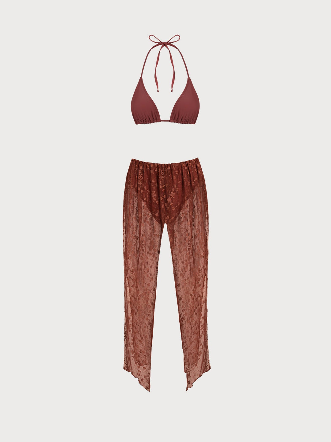 Brown Lace Floral Cutout Bikini Set