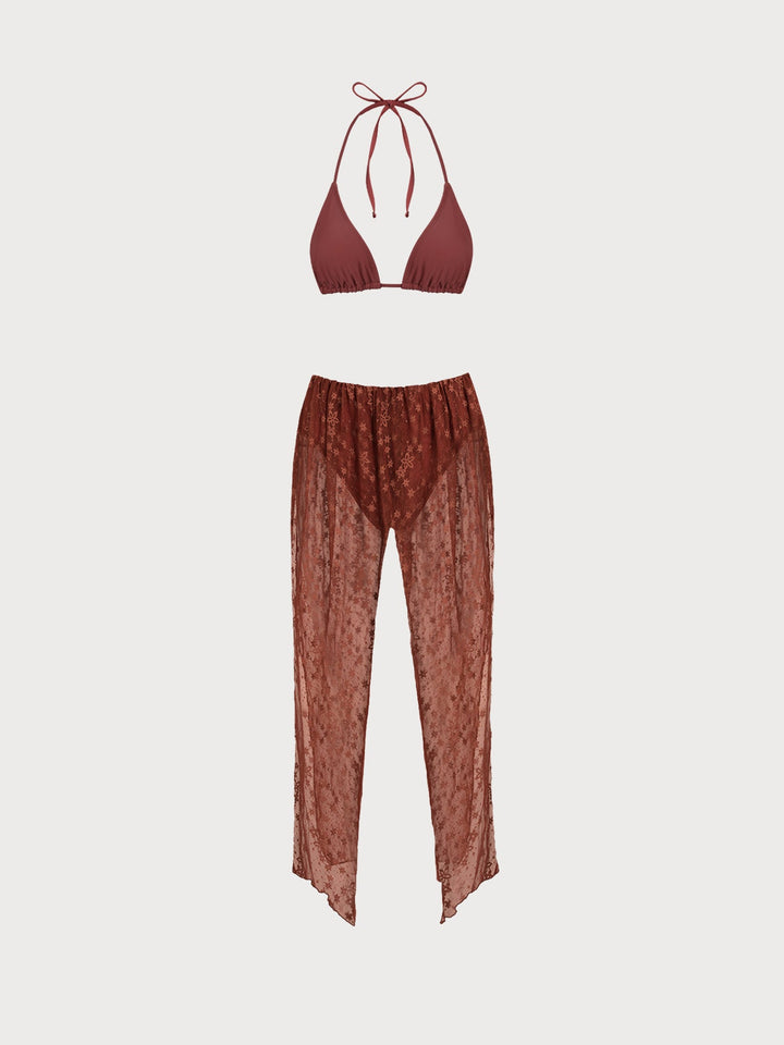 Brown Lace Floral Cutout Bikini Set