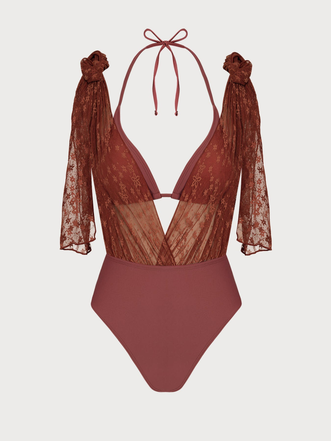 Brown Lace Floral Cutout Bikini Set