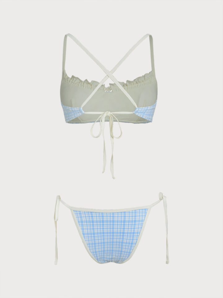 Light Blue Contrast Plaid Ruffle Bikini Set