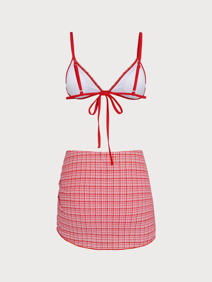 Red Plaid Bikini Three-Piece Set