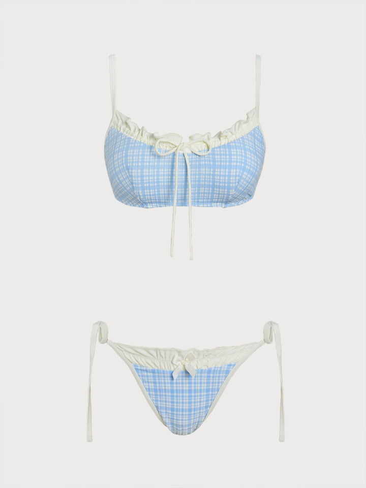 Light Blue Contrast Plaid Ruffle Bikini Set