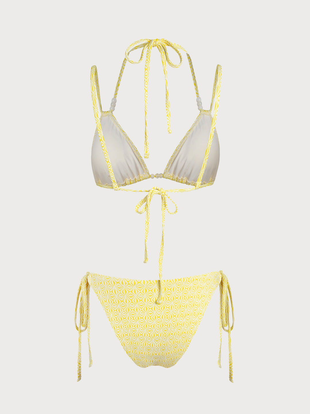 Yellow Floral Ruched Beaded Bikini Set