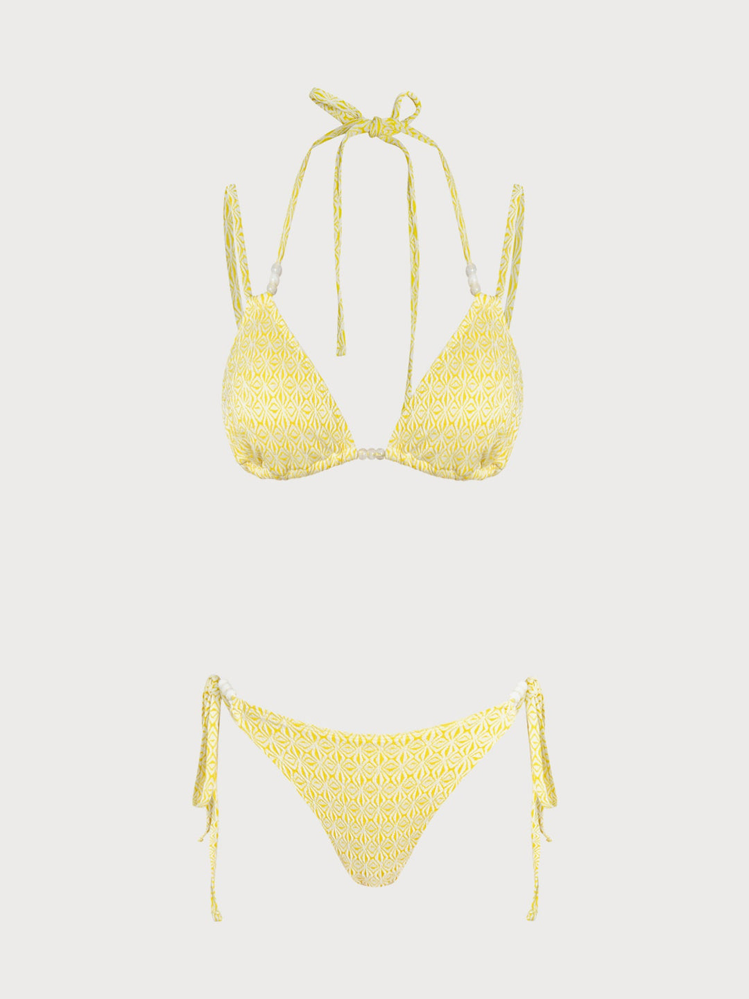 Yellow Floral Ruched Beaded Bikini Set
