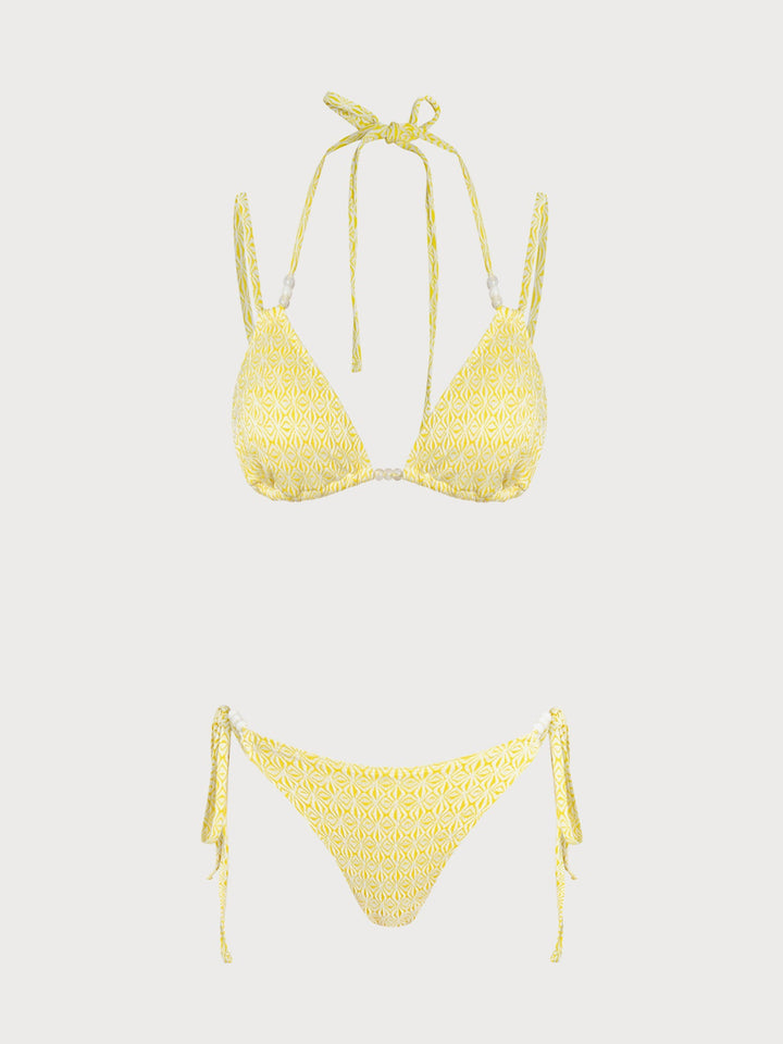 Yellow Floral Ruched Beaded Bikini Set
