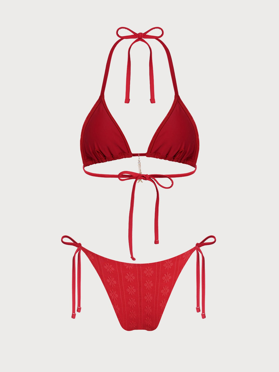 Red Floral Textured Star Bikini Set