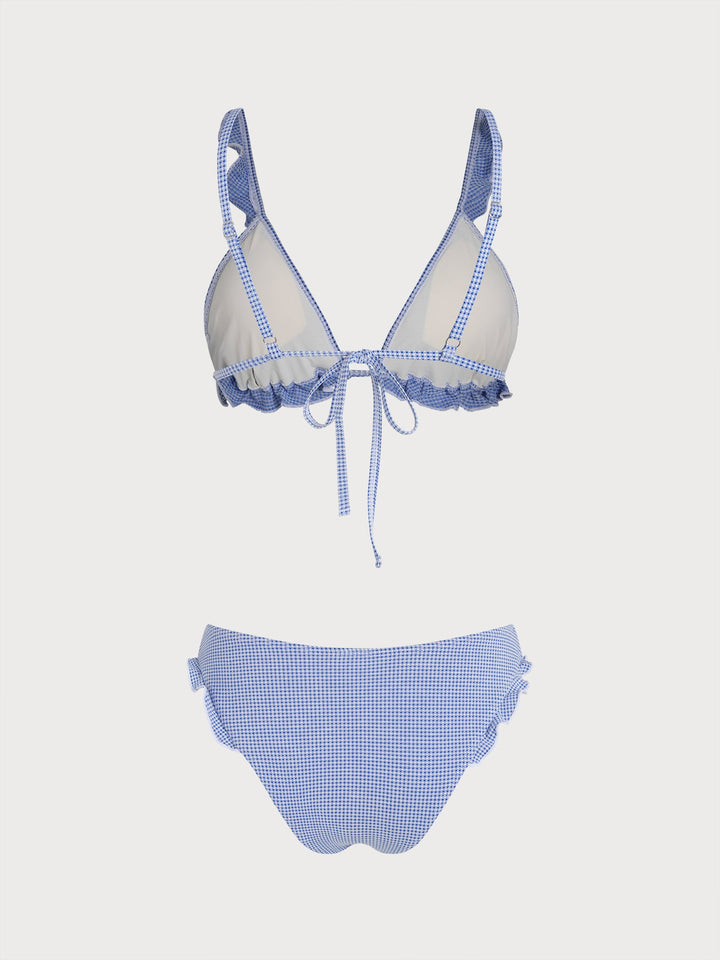 Light Blue Plaid Ruched Ruffle Bikini Set