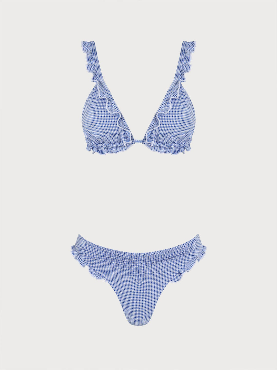 Light Blue Plaid Ruched Ruffle Bikini Set