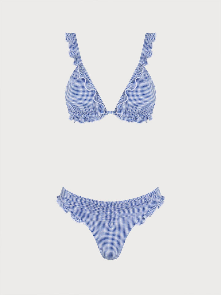 Light Blue Plaid Ruched Ruffle Bikini Set