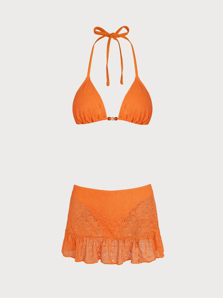 Orange Beaded Floral Skirted Bikini Set