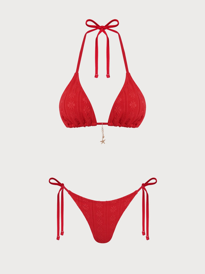 Red Floral Textured Star Bikini Set