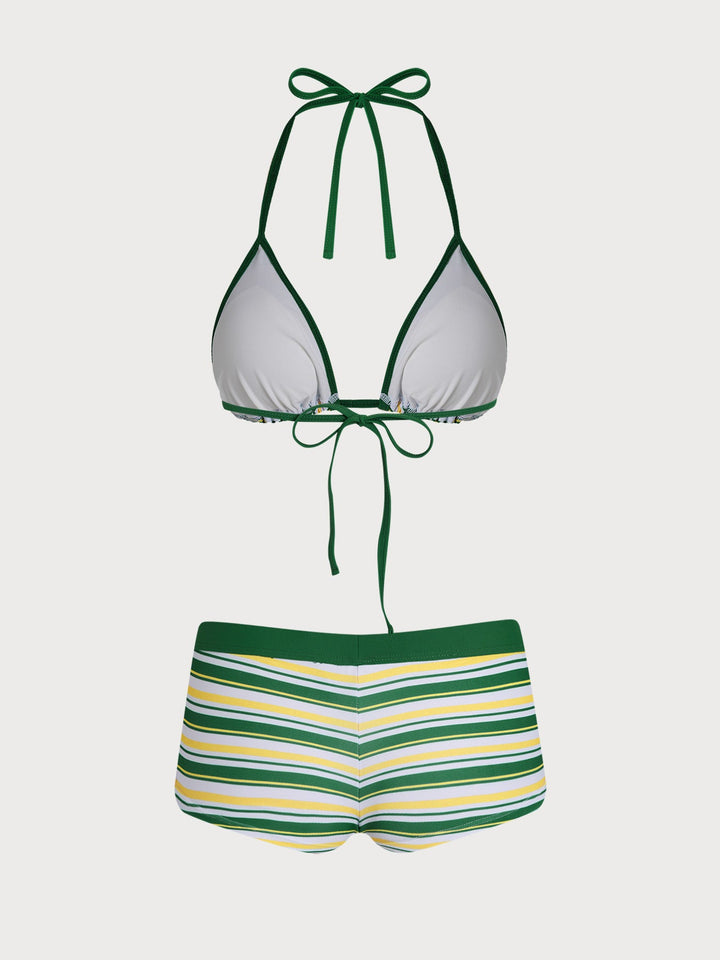 Green Striped Color Block Shorts Bikini Set