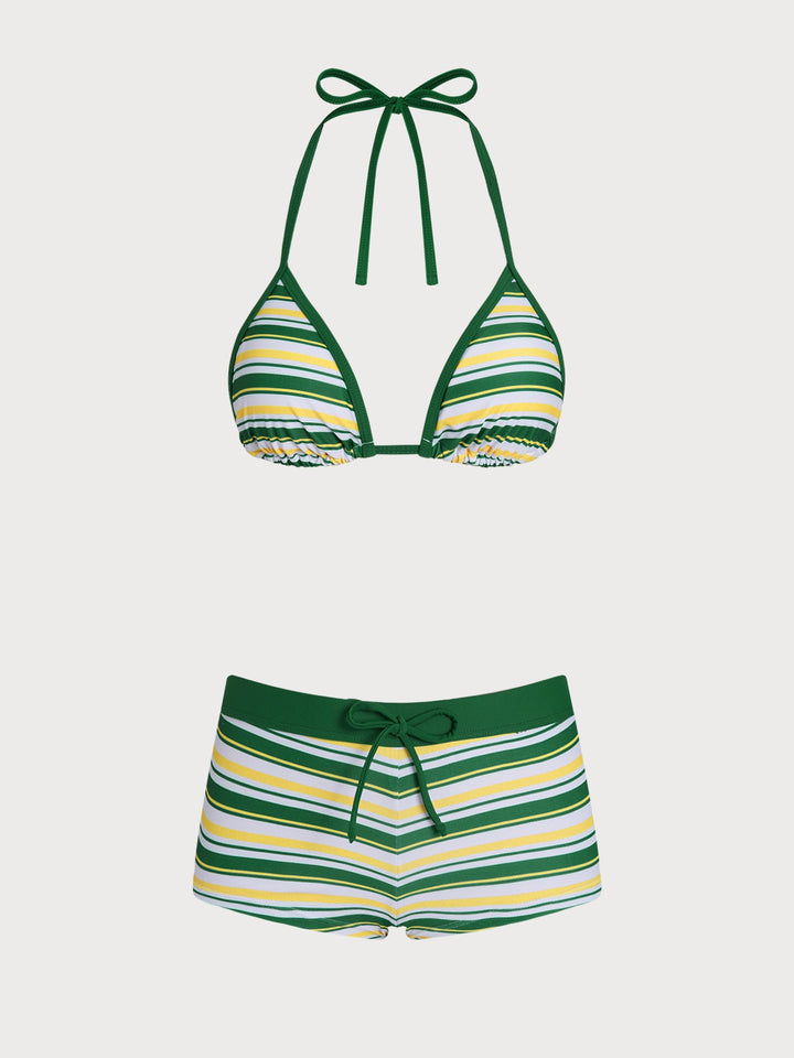 Green Striped Color Block Shorts Bikini Set