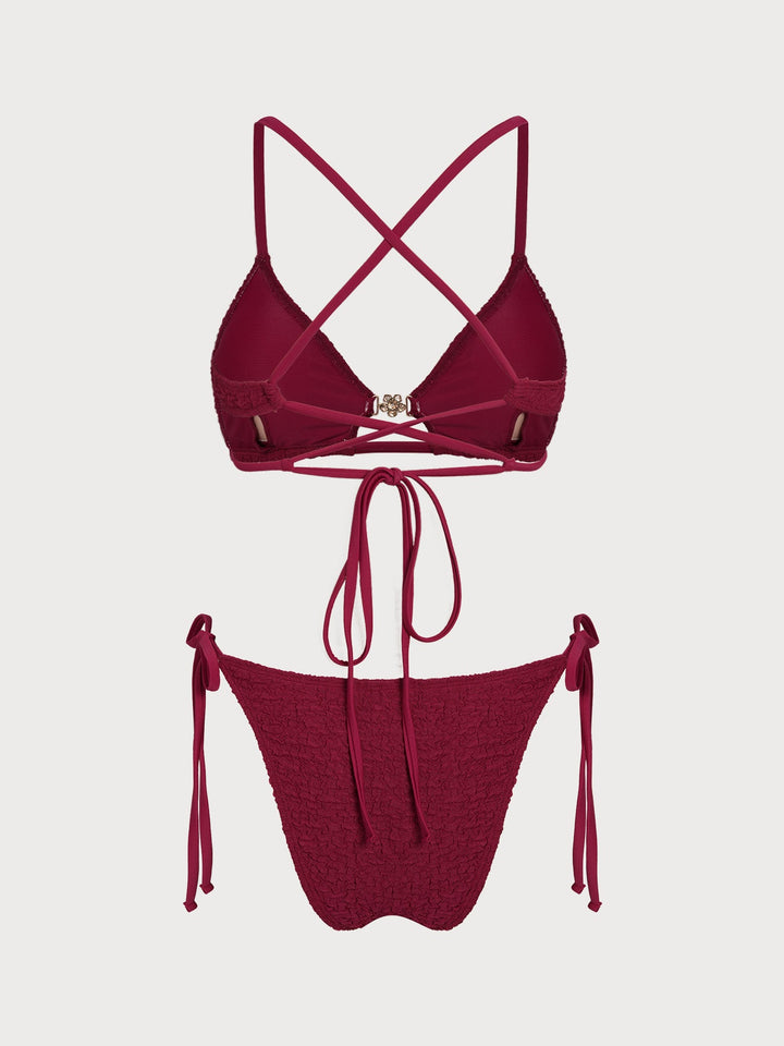 Wine Red Ruched Cross Back Bikini Set